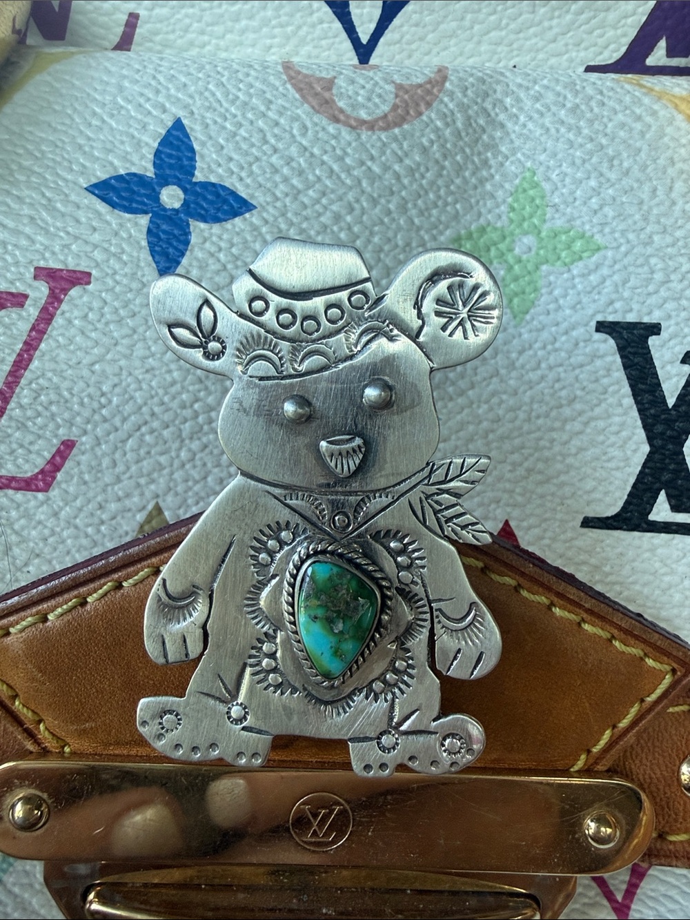 Sterling Silver Cowboy  Bear with Turquoise Stone